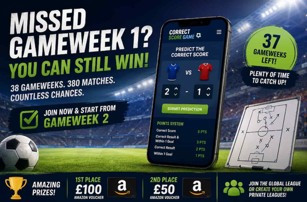 Correct Score Game graphic encouraging players who missed Gameweek 1 to join with 37 gameweeks remaining